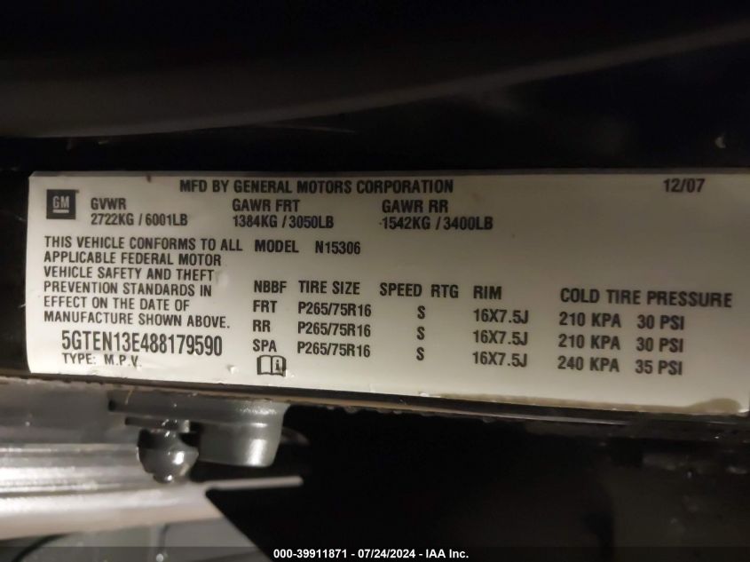 2008 Hummer H3 Suv VIN: 5GTEN13E488179590 Lot: 39911871