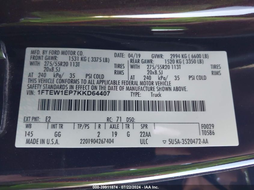 2019 Ford F-150 Xl VIN: 1FTEW1EP7KKD64407 Lot: 39911874