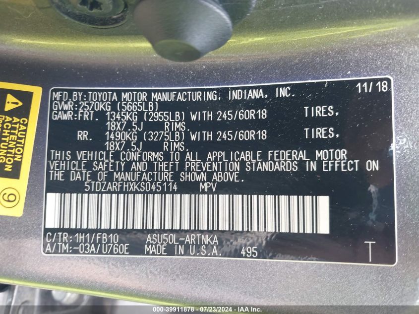 2019 Toyota Highlander Le VIN: 5TDZARFHXKS045114 Lot: 39911878