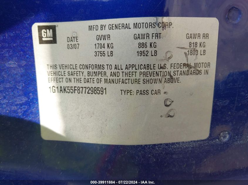 2007 Chevrolet Cobalt Ls VIN: 1G1AK55F877298591 Lot: 39911884