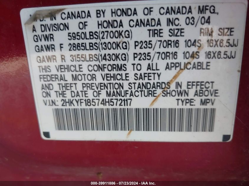 2004 Honda Pilot Exl VIN: 2HKYF18574H572117 Lot: 39911886