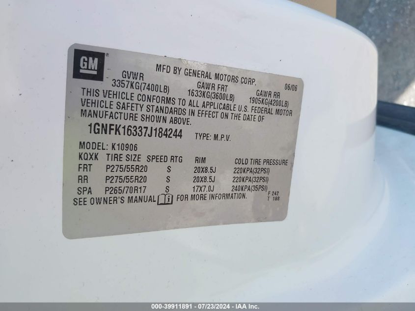 2007 Chevrolet Suburban 1500 Ltz VIN: 1GNFK16337J184244 Lot: 39911891