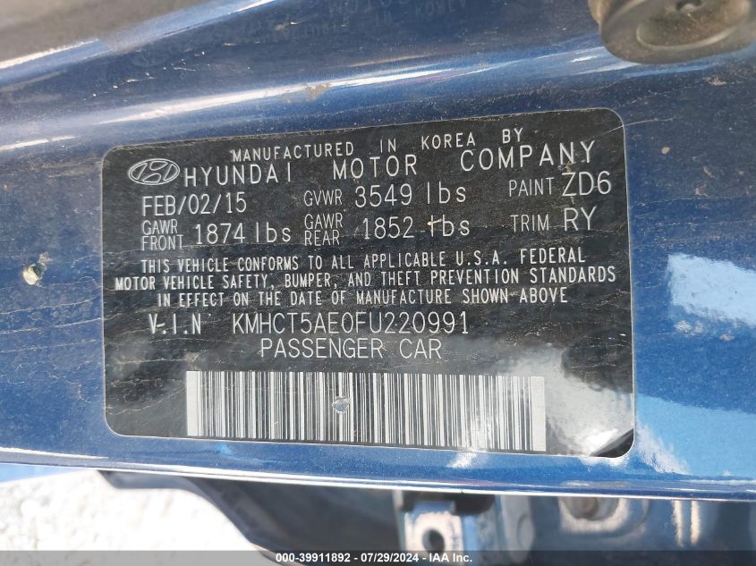 2015 Hyundai Accent Gs VIN: KMHCT5AE0FU220991 Lot: 39911892