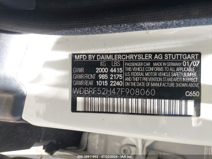 2007 Mercedes-Benz C 230 Sport VIN: WDBRF52H47F908060 Lot: 39911902