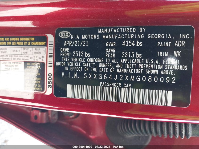 2021 Kia K5 Gt-Line VIN: 5XXG64J2XMG080092 Lot: 39911909