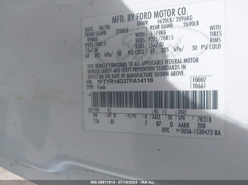 2007 Ford Ranger Stx/Xl/Xlt VIN: 1FTYR14D37PA14116 Lot: 39911914