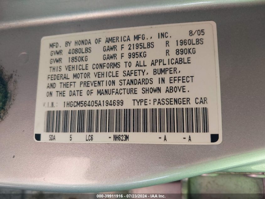 2005 Honda Accord 2.4 Lx VIN: 1HGCM56405A194699 Lot: 39911916
