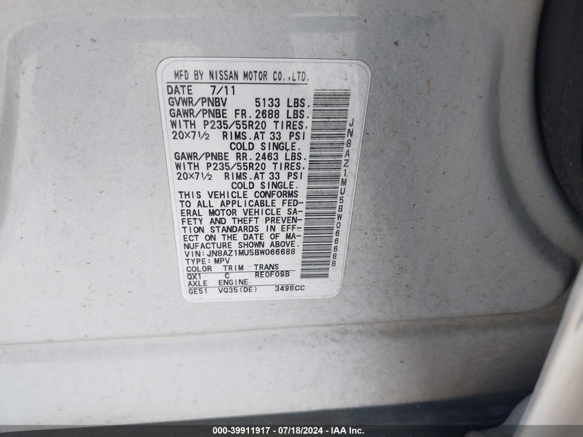 2011 Nissan Murano Le VIN: JN8AZ1MU5BW066688 Lot: 39911917