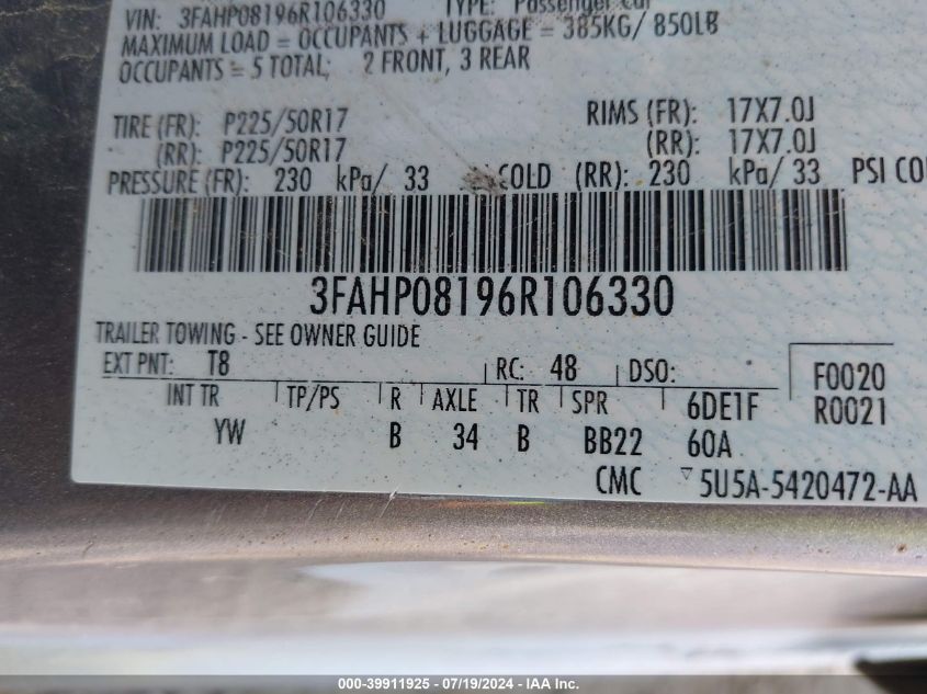 2006 Ford Fusion Sel VIN: 3FAHP08196R106330 Lot: 39911925