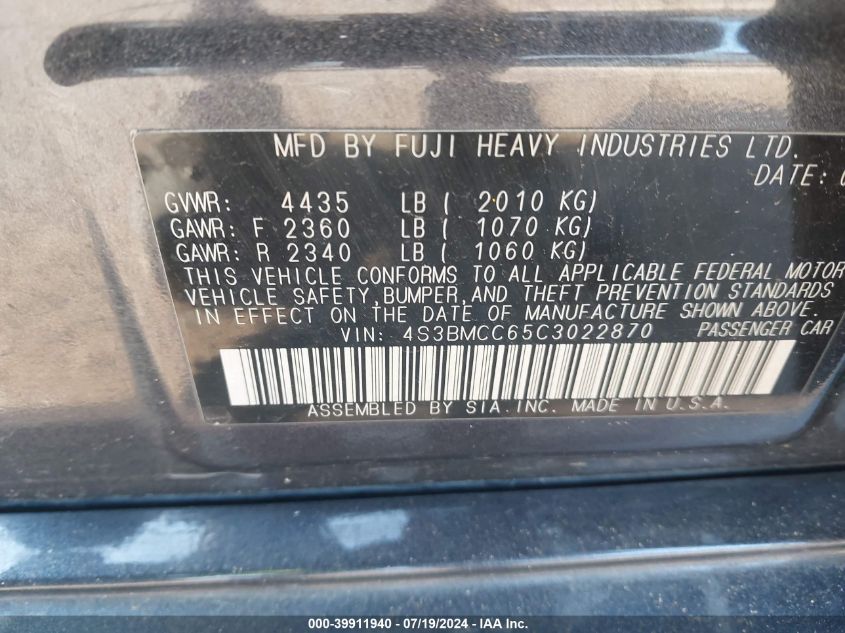 2012 Subaru Legacy 2.5I Premium VIN: 4S3BMCC65C3022870 Lot: 39911940