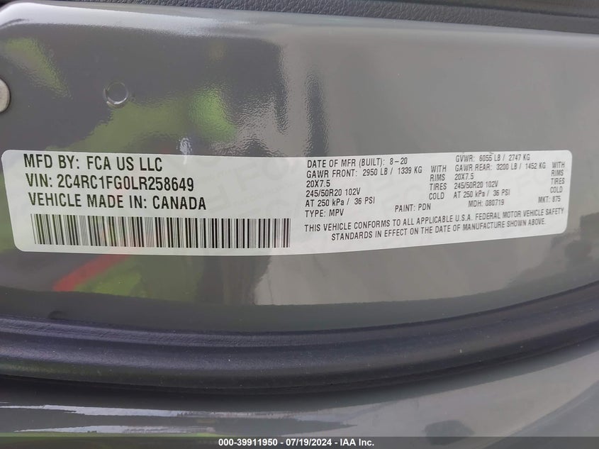 2020 CHRYSLER PACIFICA TOURING - 2C4RC1FG0LR258649