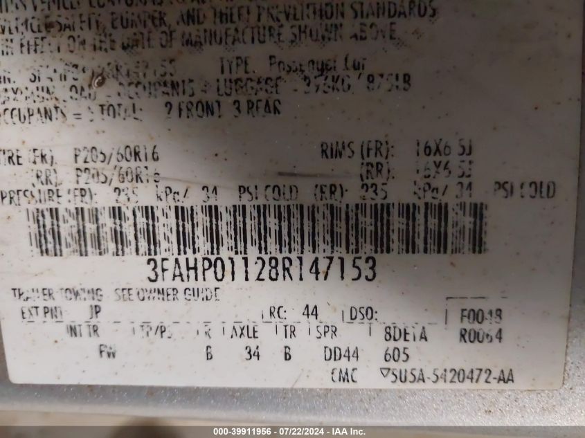 2008 Ford Fusion Se VIN: 3FAHP01128R147153 Lot: 39911956