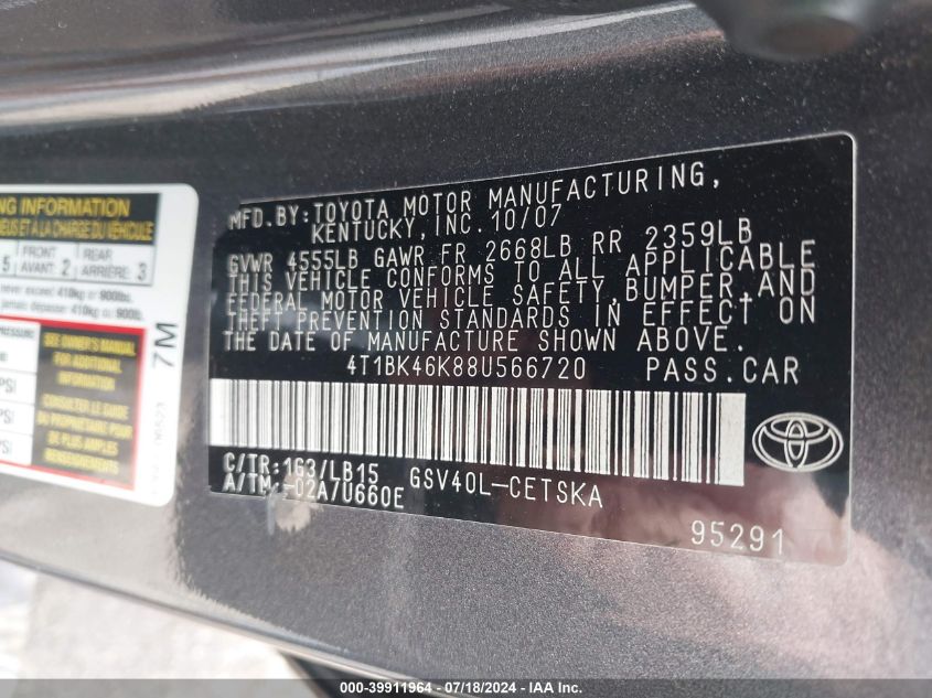 4T1BK46K88U566720 | 2008 TOYOTA CAMRY