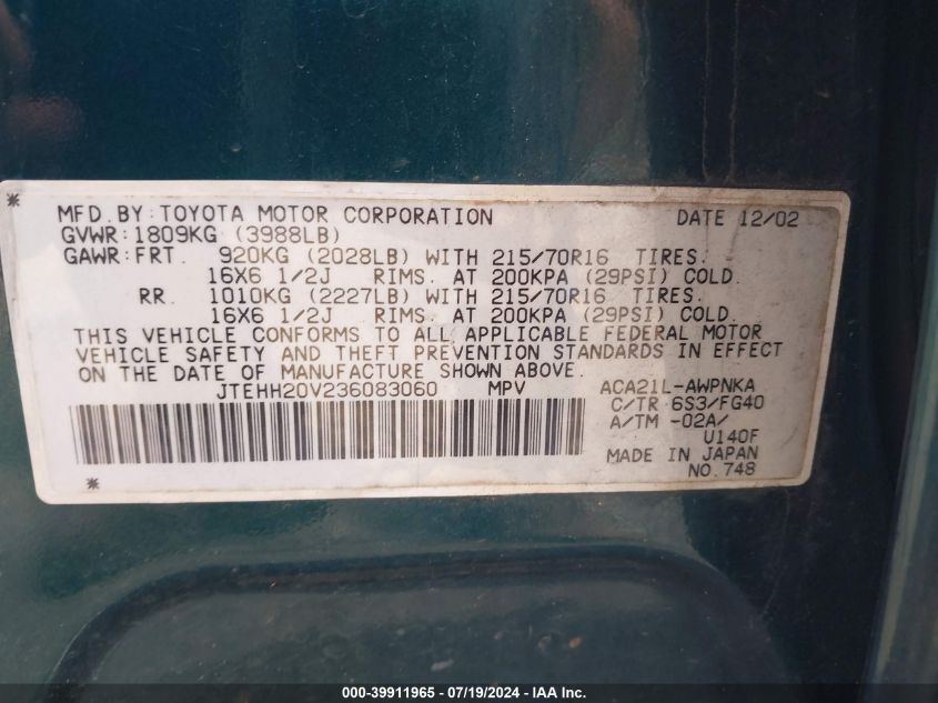 2003 Toyota Rav4 VIN: JTEHH20V236083060 Lot: 39911965