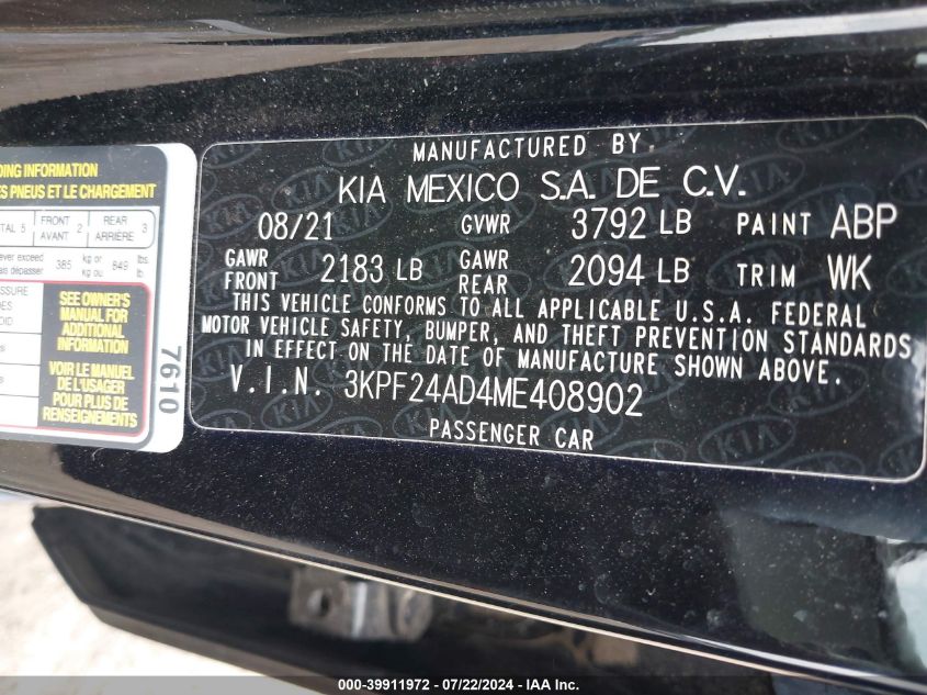 2021 KIA FORTE LXS - 3KPF24AD4ME408902