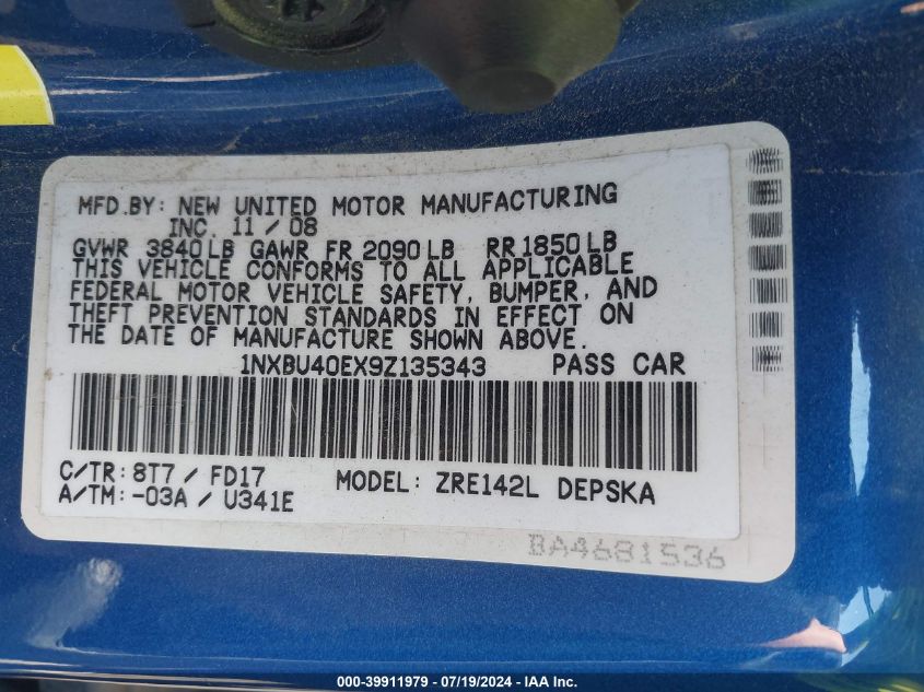 2009 Toyota Corolla S VIN: 1NXBU40EX9Z135343 Lot: 39911979