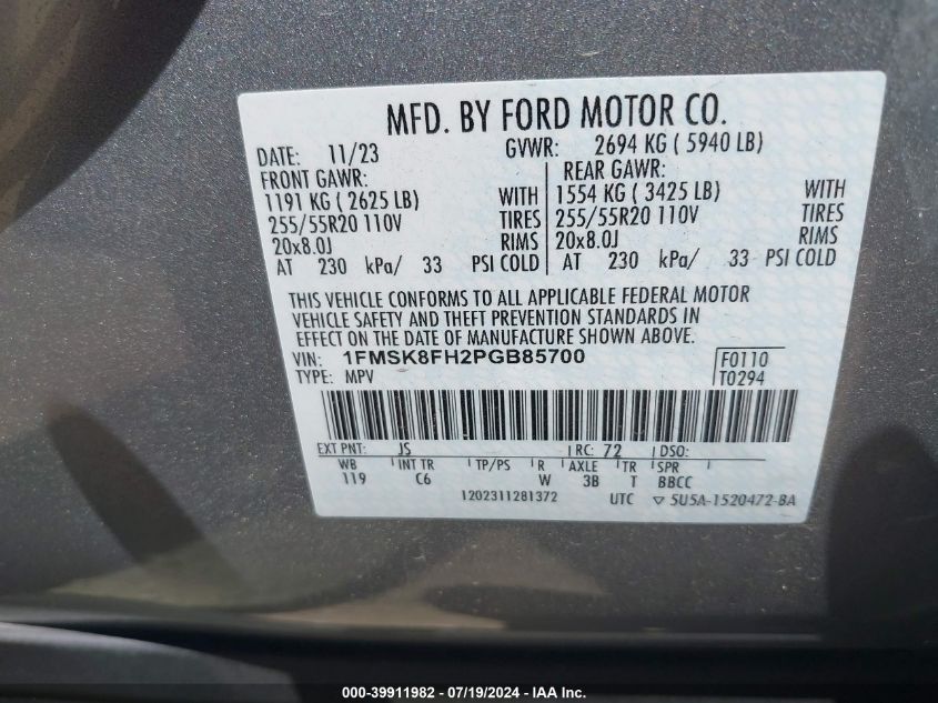 2023 Ford Explorer Limited VIN: 1FMSK8FH2PGB85700 Lot: 39911982