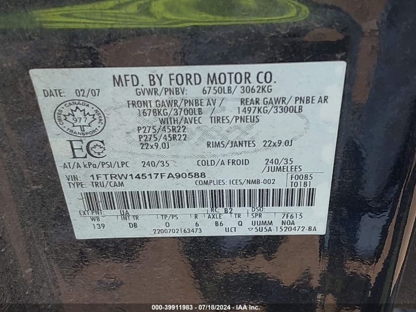 2007 Ford F-150 Lariat VIN: 1FTRW14517FA90588 Lot: 39911983
