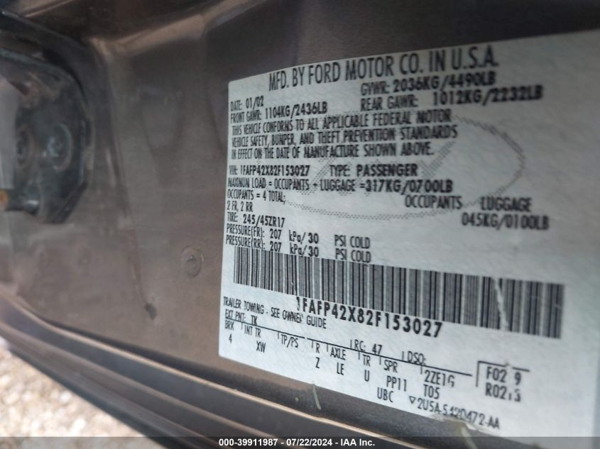 2002 Ford Mustang Gt VIN: 1FAFP42X82F153027 Lot: 39911987