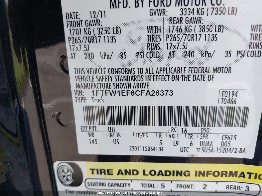 2012 Ford F-150 Xlt VIN: 1FTFW1EF6CFA26373 Lot: 39911996