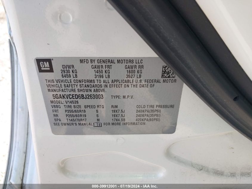 2011 Buick Enclave 2Xl VIN: 5GAKVCED6BJ263003 Lot: 39912001