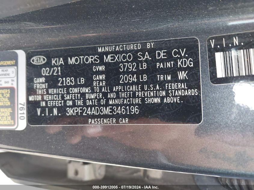 2021 Kia Forte Fe/Lxs VIN: 3KPF24AD3ME346196 Lot: 39912005