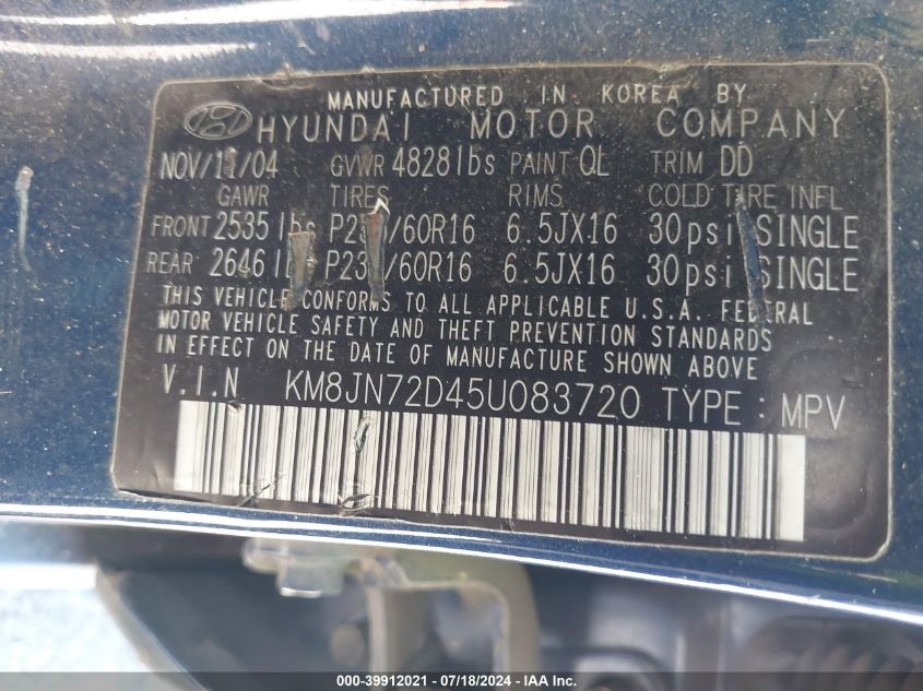 2005 Hyundai Tucson Gls/Lx VIN: KM8JN72D45U083720 Lot: 39912021