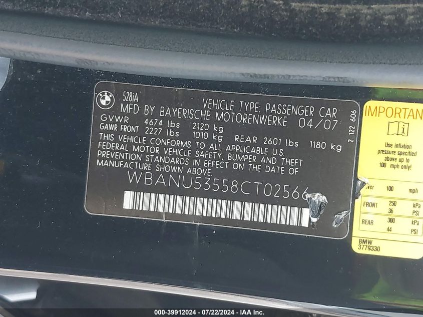 2008 BMW 528I VIN: WBANU53558CT02566 Lot: 39912024