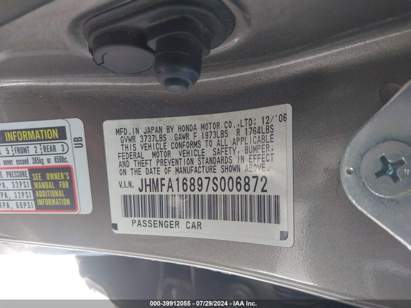 2007 Honda Civic Ex VIN: JHMFA16897S006872 Lot: 39912055