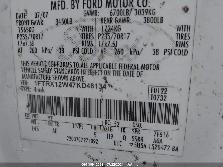 2007 Ford F-150 Stx/Xl/Xlt VIN: 1FTRX12W47KD48134 Lot: 39912056