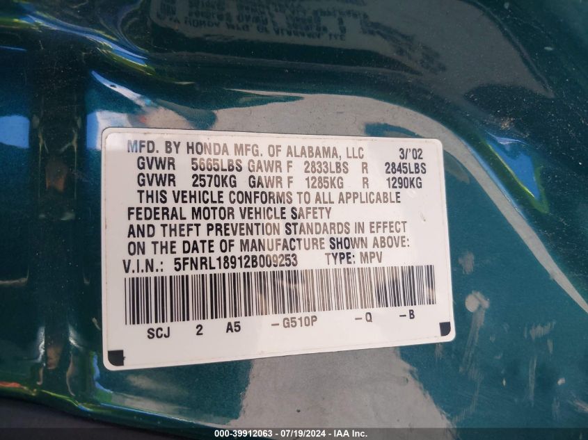 2002 Honda Odyssey Ex-L VIN: 5FNRL18912B009253 Lot: 39912063