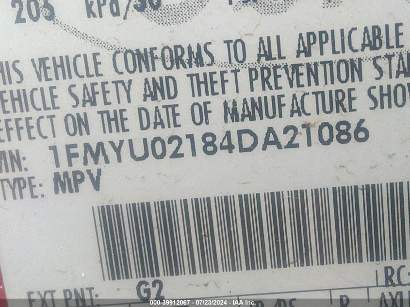 2004 Ford Escape Xls VIN: 1FMYU02184DA21086 Lot: 39912067