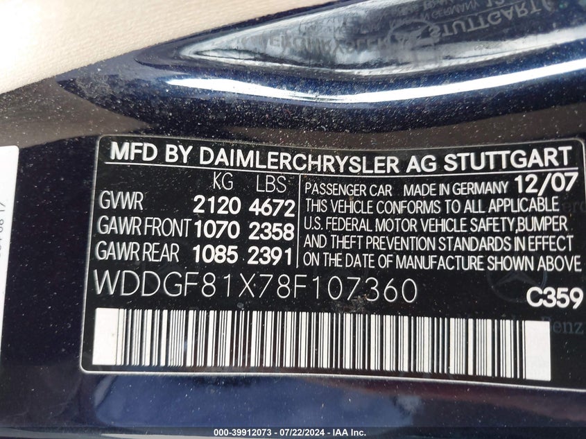 2008 Mercedes-Benz C 300 Luxury 4Matic/Sport 4Matic VIN: WDDGF81X78F107360 Lot: 39912073