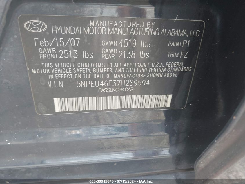 5NPEU46F37H289594 2007 Hyundai Sonata Limited/Se V6