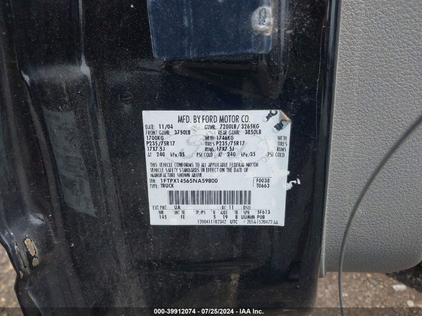 2005 Ford F-150 Fx4/Lariat/Xl/Xlt VIN: 1FTPX14565NA59800 Lot: 39912074