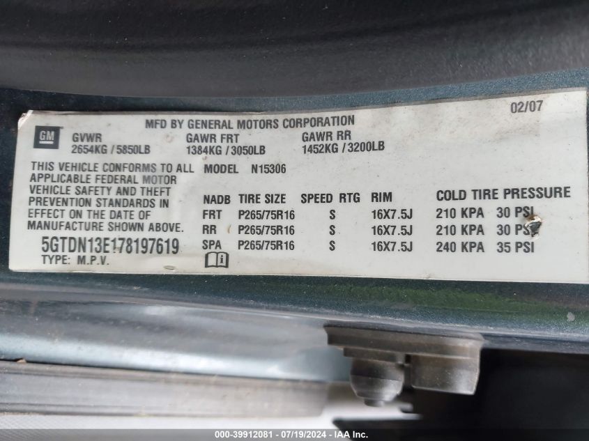 2007 Hummer H3 Suv VIN: 5GTDN13E178197619 Lot: 39912081