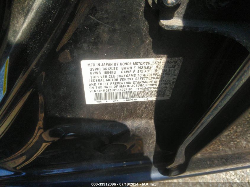 2010 Honda Fit VIN: JHMGE8H25AS007163 Lot: 39912096