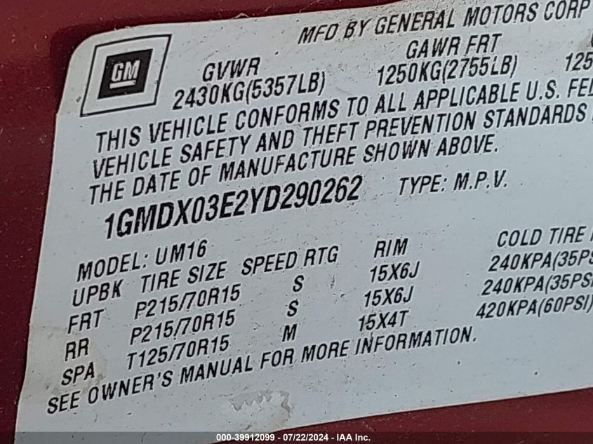 2000 Pontiac Montana M16 VIN: 1GMDX03E2YD290262 Lot: 39912099