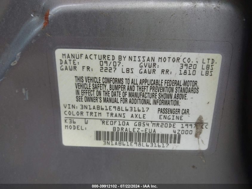 2008 Nissan Sentra 2.0 S VIN: 3N1AB61E98L631617 Lot: 39912102