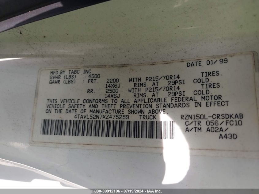 1999 Toyota Tacoma Xtracab VIN: 4TAVL52N7XZ475259 Lot: 39912106