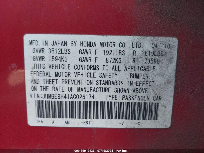 2010 Honda Fit Sport VIN: JHMGE8H41AC026174 Lot: 39912136