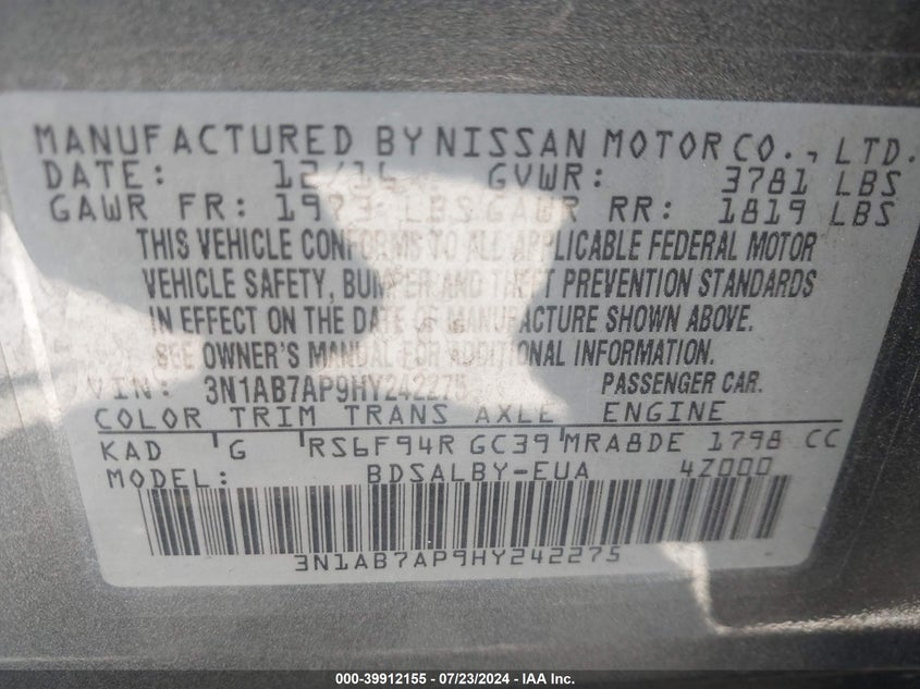 2017 Nissan Sentra S VIN: 3N1AB7AP9HY242275 Lot: 39912155