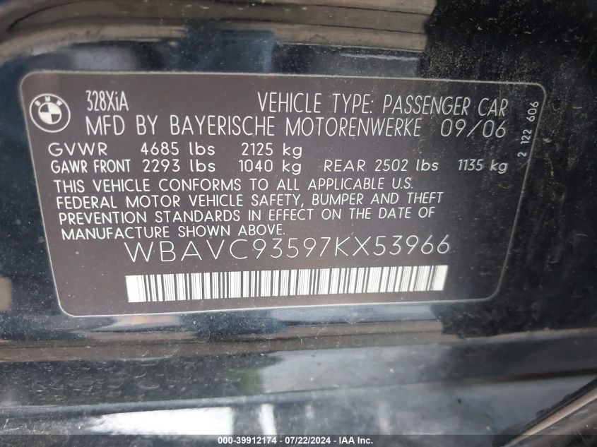 2007 BMW 328Xi VIN: WBAVC93597KX53966 Lot: 39912174