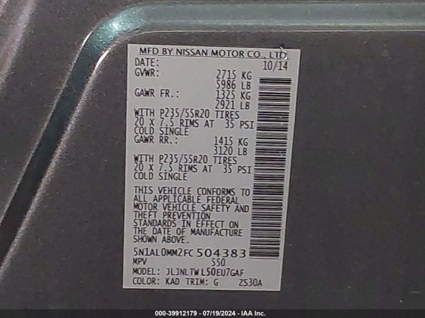 2015 Infiniti Qx60 VIN: 5N1AL0MM2FC504383 Lot: 39912179