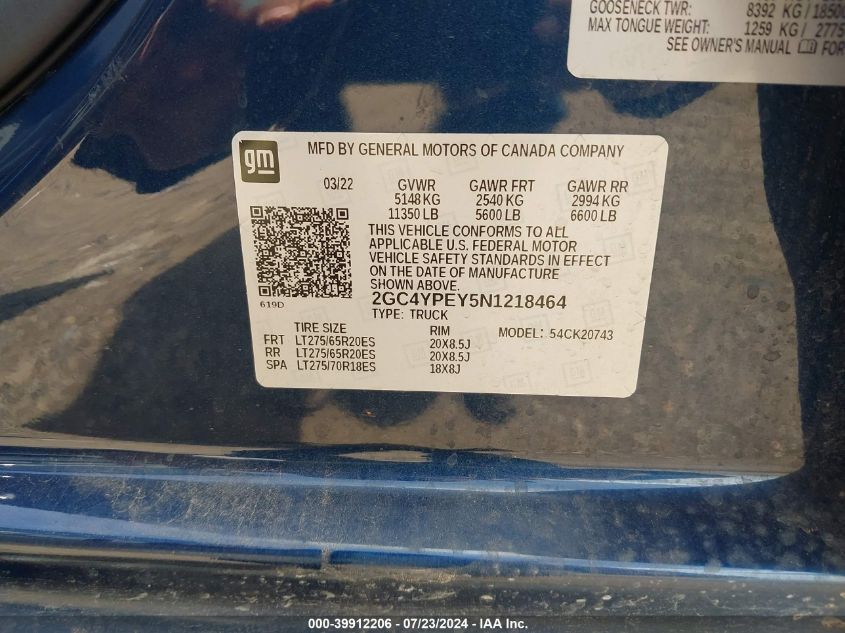 2022 Chevrolet Silverado 2500Hd 4Wd Standard Bed Ltz VIN: 2GC4YPEY5N1218464 Lot: 39912206