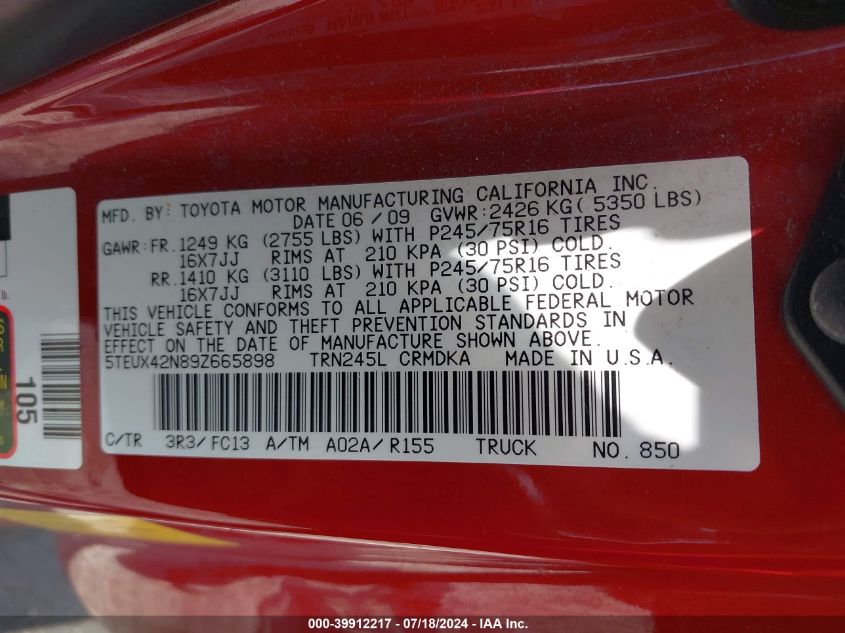 2009 Toyota Tacoma VIN: 5TEUX42N89Z665898 Lot: 39912217