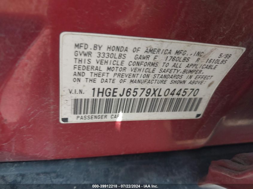 1999 Honda Civic Lx VIN: 1HGEJ6579XL044570 Lot: 39912218