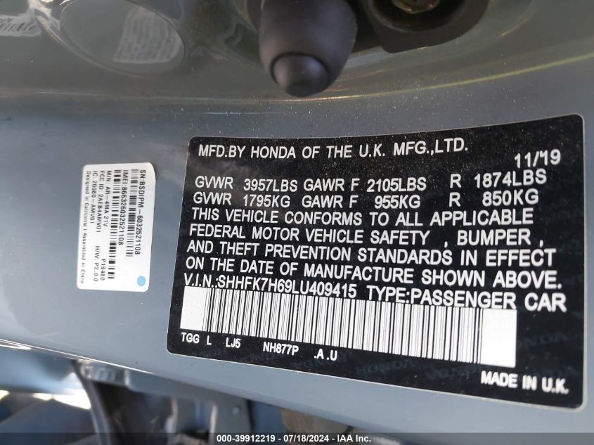 2020 Honda Civic Ex VIN: SHHFK7H69LU409415 Lot: 39912219