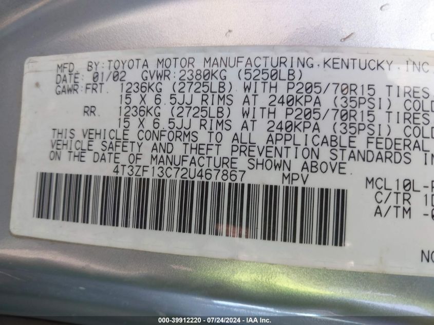 2002 Toyota Sienna Le VIN: 4T3ZF13C72U467867 Lot: 39912220