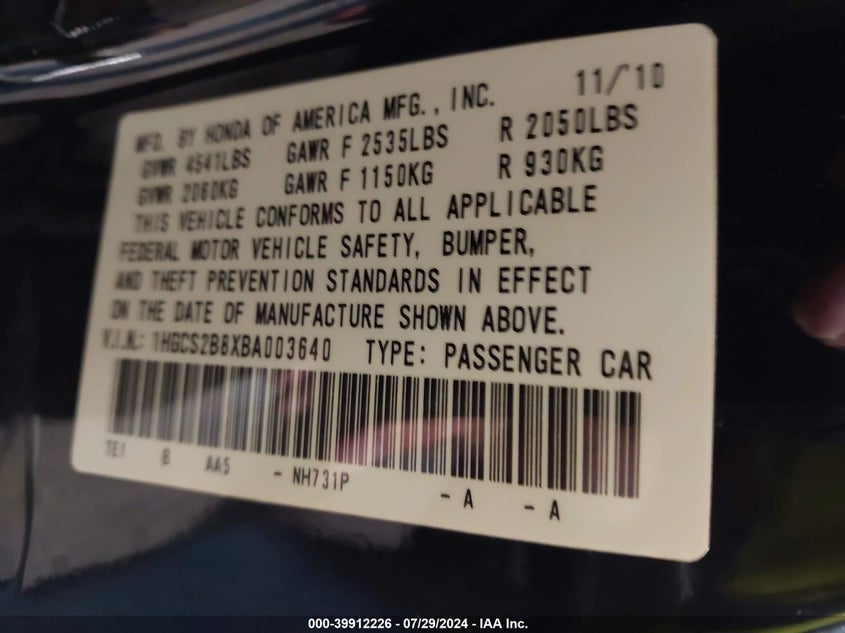 2011 Honda Accord 3.5 Ex-L VIN: 1HGCS2B8XBA003640 Lot: 39912226